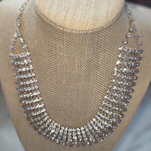 Rhinestone Waterfall Bib Statement Necklace Silver Tone